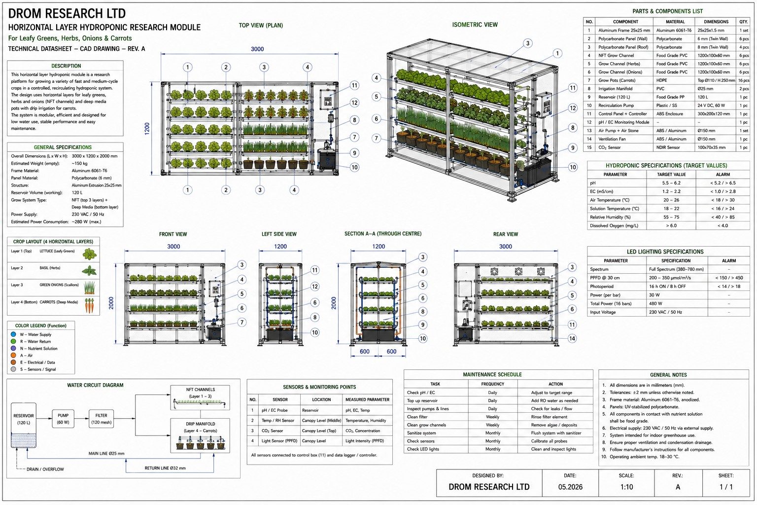Horizontal hydroponic module — NFT channels plus deep-media pots for root crops (Rev. A).